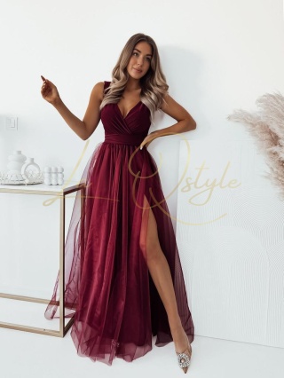 VICTORIA sukienka tiulowa z rozcięciem BORDOWA