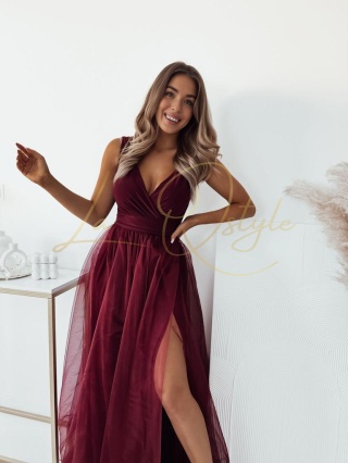 VICTORIA sukienka tiulowa z rozcięciem BORDOWA