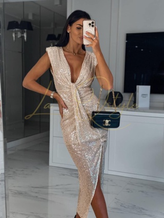 ESTELLA cekinowa midi sukienka z głębokim dekoltem ZŁOTA