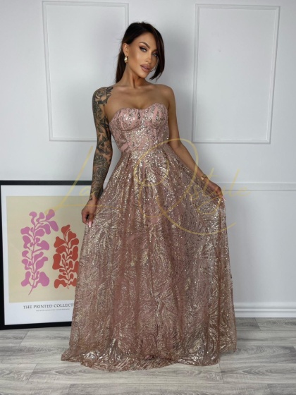 BRITNEY brokatowa sukienka z tiulem i gorsetem księżniczka PUDROWY RÓŻ