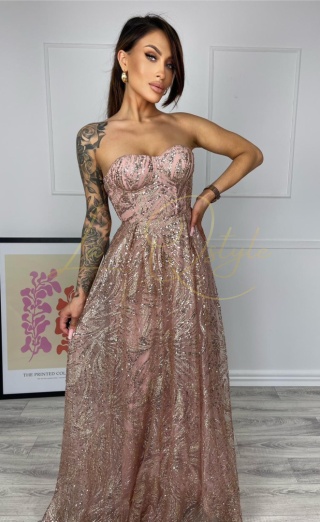 BRITNEY brokatowa sukienka z tiulem i gorsetem księżniczka PUDROWY RÓŻ