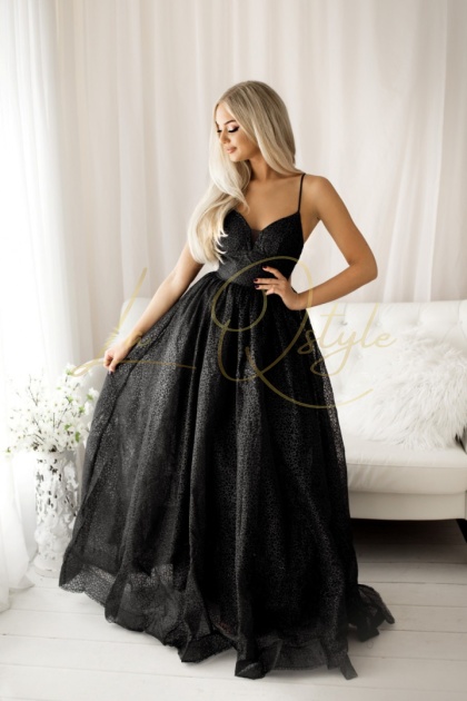 JULINE błyszcząca balowa sukienka tiulowa z gorsetem księżniczka CZARNA