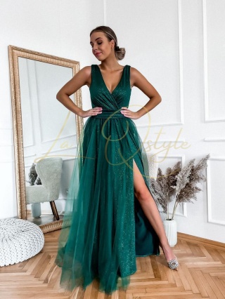 VICTORIA brokatowa sukienka tiulowa z rozcięciem BUTELKOWA ZIELEŃ