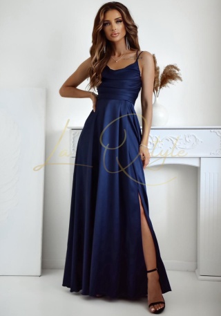 VALERIA sukienka gładka z wiązaniem na plecach GRANATOWA