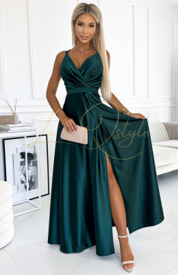 Długa satynowa suknia z dekoltem i podwójnymi ramiączkami - ZIELONA