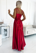 Długa satynowa suknia z dekoltem i podwójnymi ramiączkami - CZERWONA