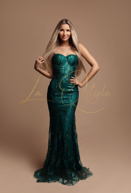 MARISSA sukienka dopasowana brokatowa z gorsetem BUTELKOWA ZIELEŃ