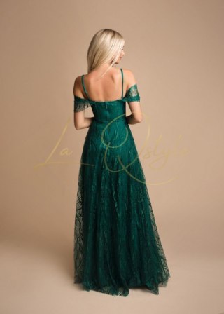 RACHEL tiulowa sukienka brokatowa z gorsetem i hiszpańskim dekoltem BUTELKOWA ZIELEŃ