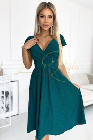 MATILDE Sukienka z dekoltem i krótkim rękawkiem ZIELONA z brokatem