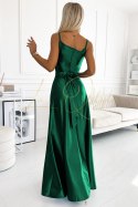 Elegancka długa satynowa suknia z dekoltem ZIELEŃ BUTELKOWA