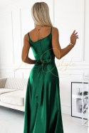 Elegancka długa satynowa suknia z dekoltem ZIELEŃ BUTELKOWA