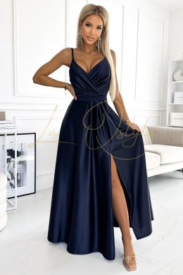 Elegancka długa satynowa suknia z dekoltem GRANATOWA