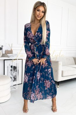 Plisowana szyfonowa długa sukienka z dekoltem, długim rękawkiem i paskiem - NIEBIESKO-BEŻOWE FALE