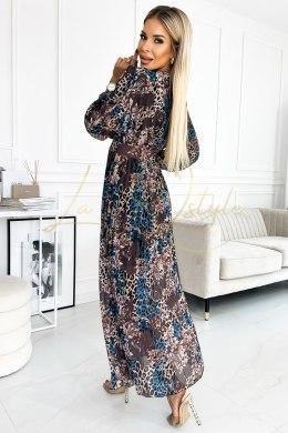 Plisowana szyfonowa długa sukienka z dekoltem, długim rękawkiem i szerokim paskiem - NIEBIESKO-BEŻOWE liście