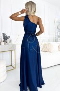 Długa połyskująca suknia na jedno ramię z kokardą GRANATOWA