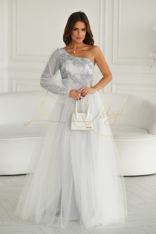 BELLA balowa sukienka tiulowa z jednym rękawem SZARA-ECRU