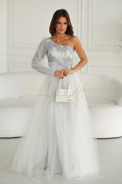 BELLA balowa sukienka tiulowa z jednym rękawem SZARA-ECRU