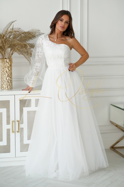 BELLA balowa sukienka tiulowa z jednym rękawem ECRU