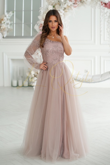 BELLA balowa sukienka tiulowa z jednym rękawem SZAMPAŃSKI