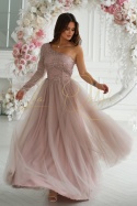 Balowa sukienka tiulowa z jednym rękawem SZAMPAŃSKI