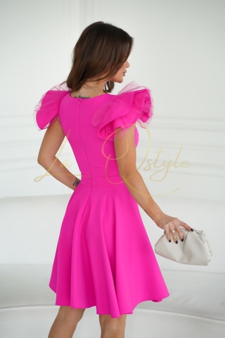 MOLLY sukienka z bufkami na ramionach NEONOWY RÓŻ