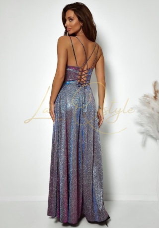 VALERIA sukienka brokatowa z wiązaniem na plecach DISCO SREBRNY-AMARANT