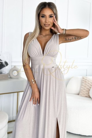 SUSAN długa brokatowa suknia z dekoltem i przeszyciami w pasie BEŻOWA