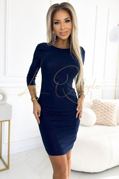 ELEONORA klasyczna sukienka z brokatem i wycięciem na plecach GRANATOWA