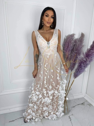 DORI długa tiulowa sukienka z koronką i naszywanymi kwiatami BEŻOWO-BIAŁA