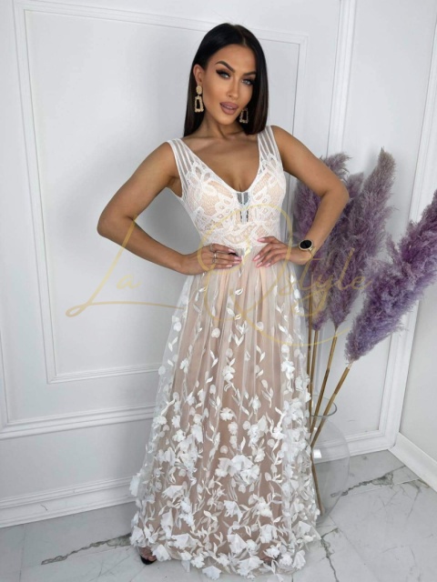 Długa tiulowa sukienka z koronką i naszywanymi kwiatami BEŻOWO-BIAŁA