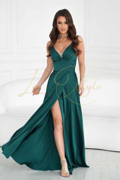 EMILI satynowa sukienka z rozcięciem na nodze BUTELKOWA ZIELEŃ