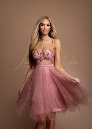 FIONA błyszcząca, tiulowa krótka sukienka z gorsetem PUDROWY RÓŻ