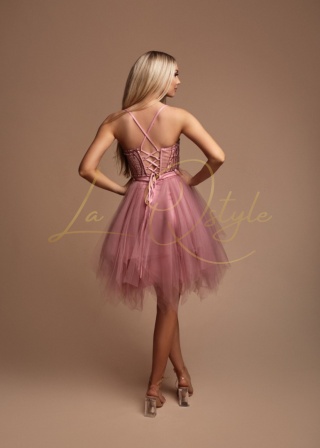 FIONA błyszcząca, tiulowa krótka sukienka z gorsetem PUDROWY RÓŻ