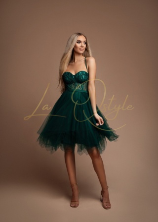 FIONA błyszcząca, tiulowa krótka sukienka z gorsetem BUTELKOWA ZIELEŃ