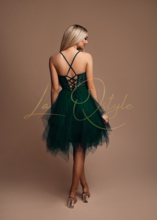 FIONA błyszcząca, tiulowa krótka sukienka z gorsetem BUTELKOWA ZIELEŃ