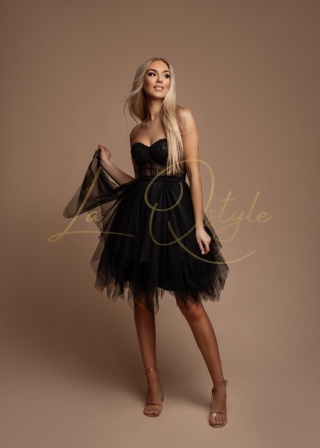 FIONA błyszcząca, tiulowa krótka sukienka z gorsetem CZARNA