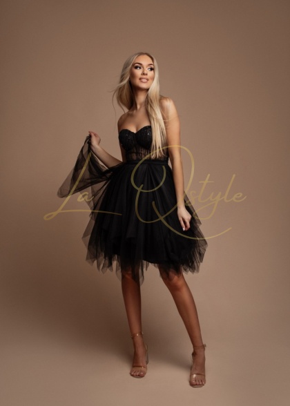 FIONA błyszcząca, tiulowa krótka sukienka z gorsetem CZARNA