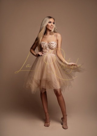 FIONA błyszcząca, tiulowa krótka sukienka z gorsetem ZŁOTA