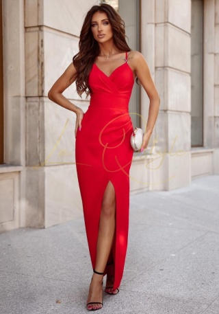 KELI gładka dopasowana sukienka z rozcięciem CZERWONA
