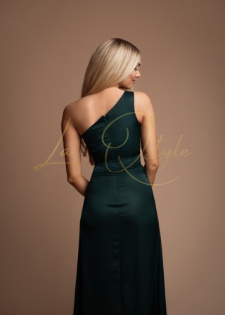 LARA dopasowana satynowa sukienka z gorsetem na jedno ramię BUTELKOWA ZIELEŃ