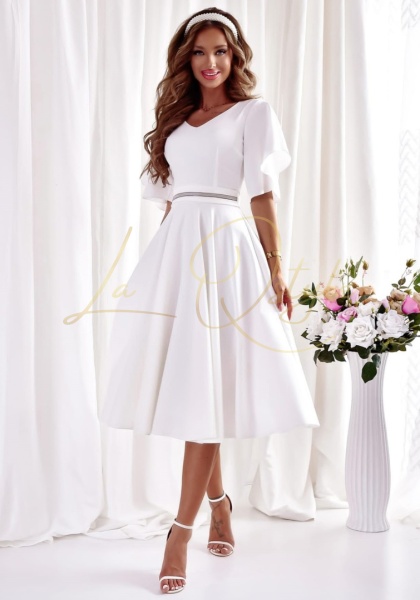 LUNA elegancka klasyczna sukienka midi z falbanami na rękawach ECRU