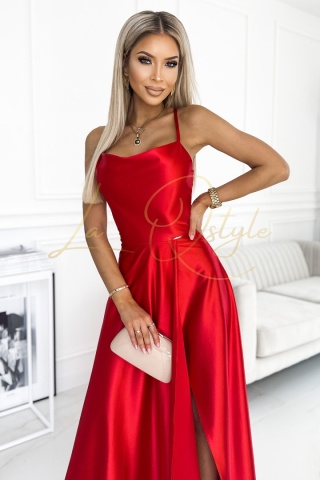 PERLA satynowa długa suknia z dekoltem na plecach CZERWONA