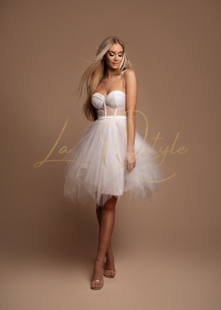 FIONA błyszcząca, tiulowa krótka sukienka z gorsetem ECRU