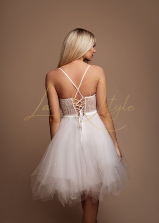 FIONA błyszcząca, tiulowa krótka sukienka z gorsetem ECRU