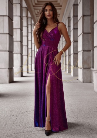 TIFANI długa brokatowa sukienka z rozcięciem MULTI FIOLET-GRANATOWY
