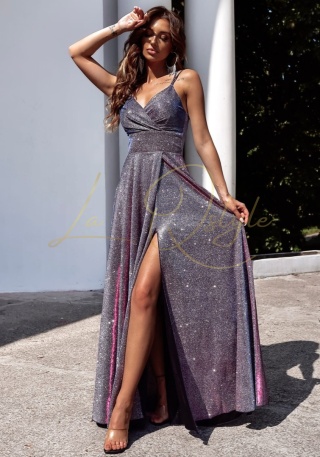 TIFANI długa brokatowa sukienka z rozcięciem MULTI SREBRNO-AMARANTOWO-CHABROWA