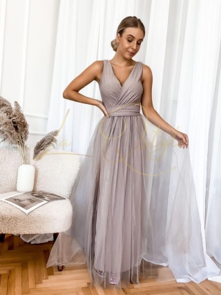 VICTORIA brokatowa sukienka tiulowa z rozcięciem CAPPUCCINO