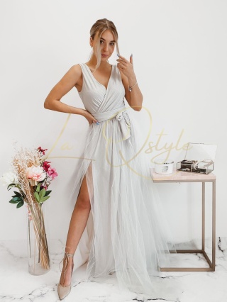 VICTORIA brokatowa sukienka tiulowa z rozcięciem ECRU