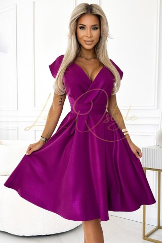 SCARLETT rozkloszowana sukienka z kopertowym dekoltem i paskiem FUKSJA Z BROKATEM