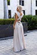 Elegancka długa suknia wiązana na wiele sposobów BEŻOWA z brokatem